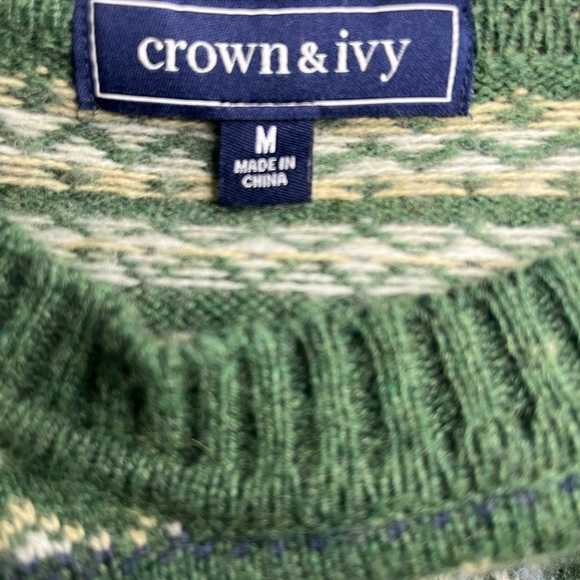 Crown & Ivy Green Fair Isle Sweater Medium Dogs & Trees Winter Knit - Picture 2 of 2